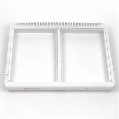 Refridgerator crisper pan cover with tempered glass, white plastic profile